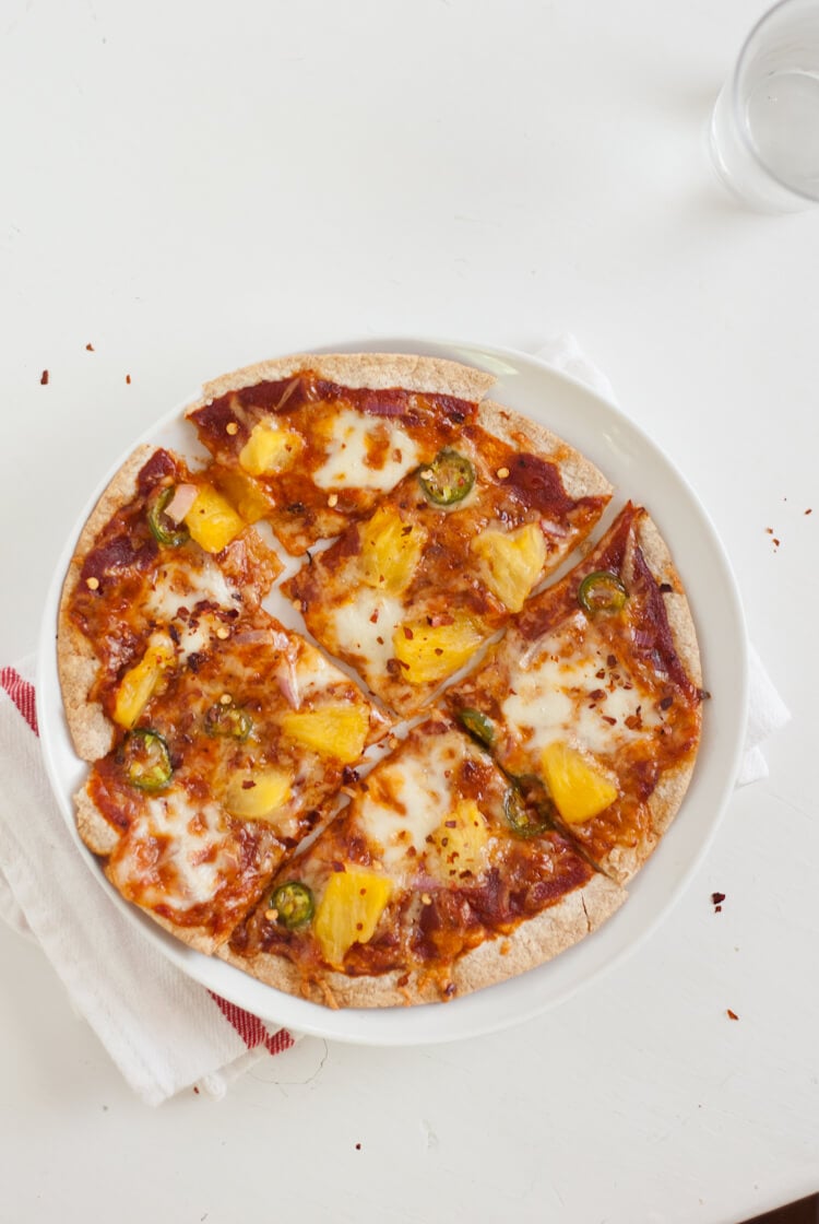 Tortilla pizza recipe from cookieandkate.com