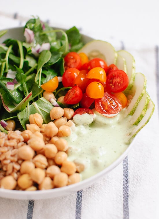 herbed yogurt, farro and chickpea salad