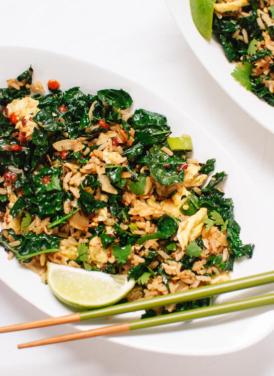 Spicy stir-fried kale with coconut and rice (gluten free) - cookieandkate.com