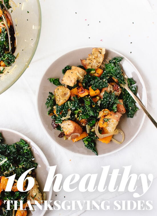 16 healthy Thanksgiving side dishes, from salads to soups to cornbread! All vegetarian. Find the recipes at cookieandkate.com.